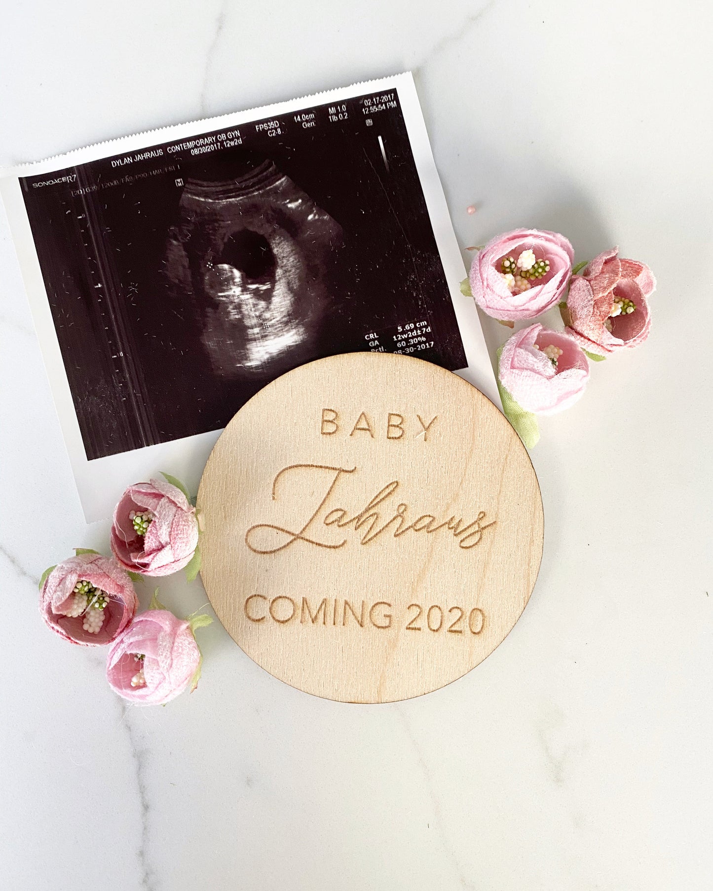 Engraved wood baby coming soon announcement sign for photos