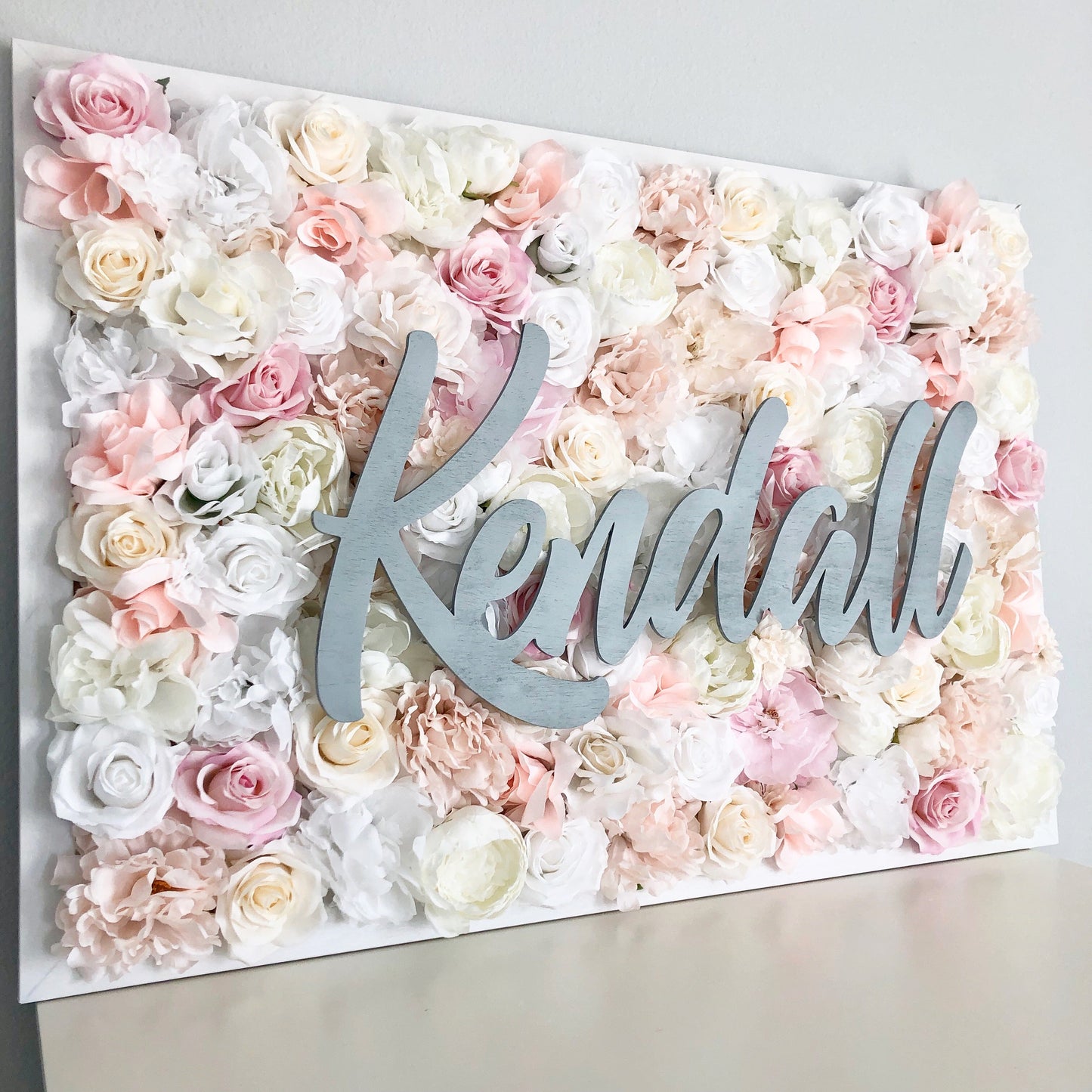 Event Floral Wall with Name Sign Custom Photo Backdrop Painted Wood Art