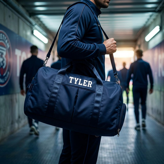 Person carrying a navy blue duffel bag with 'TYLER' on it in a hallway.