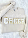 Chenille CHEER patch crewneck sweatshirt in grey with light pink patch - cheer gift