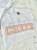 Chenille CHEER patch crewneck sweatshirt in white with light pink patch - cheerleader gift