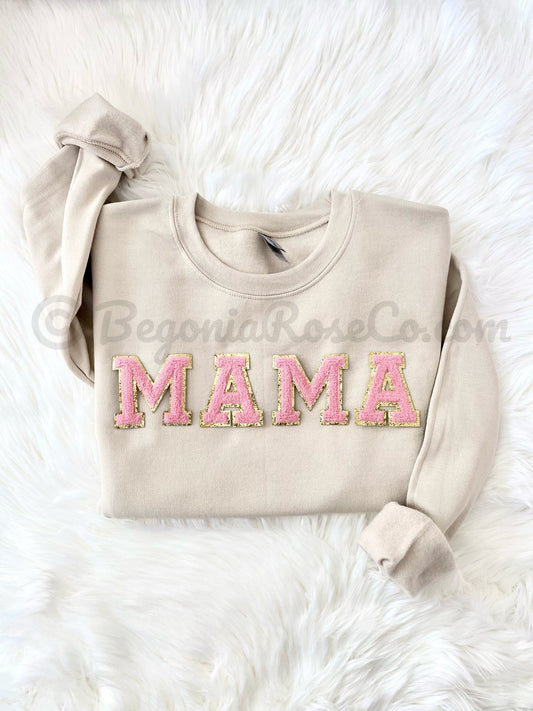Chenille MAMA patch crewneck sweatshirt grey with off-white patches front view