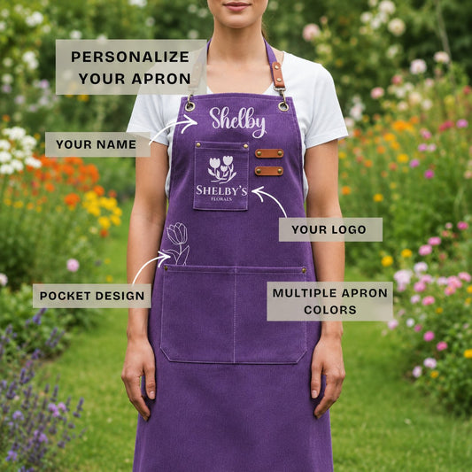 Personalized gardening apron with tulip name embroidery for plant lovers