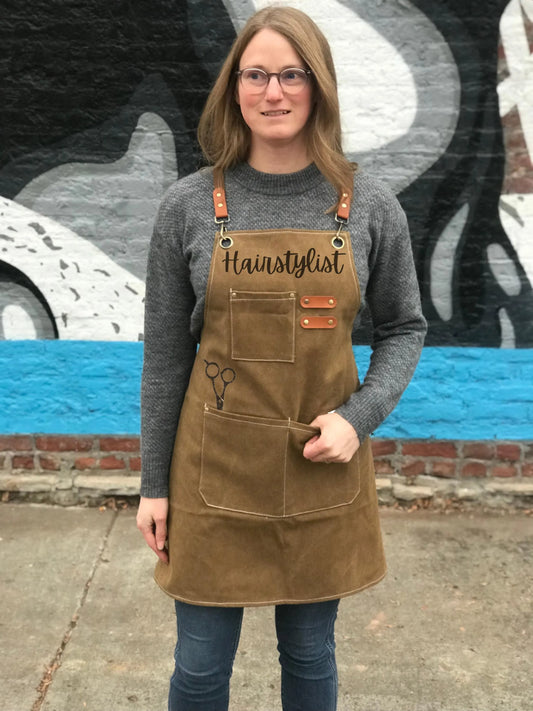 Custom hairstylist apron with name, water-resistant cotton canvas, salon workwear