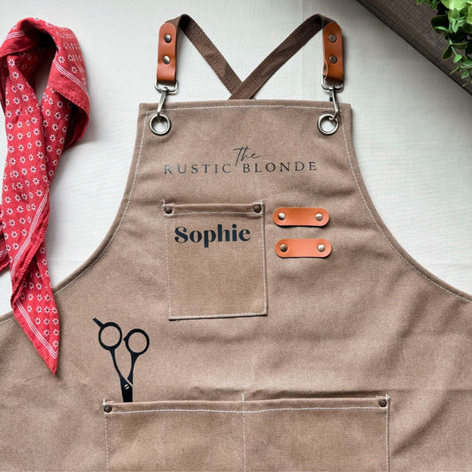 Personalized hairstylist apron with name, canvas or PU leather salon gift