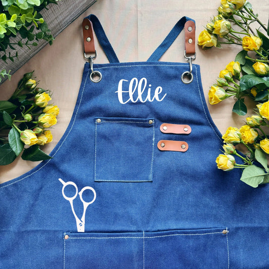 Personalized hairstylist aprons with pockets, salon-ready workwear with name