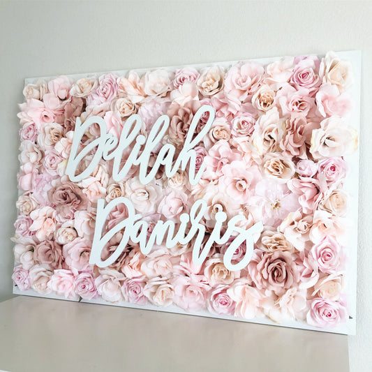 Rose gold flower wall with name sign 3D floral art girl nursery