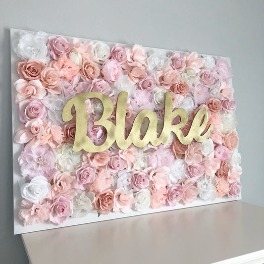 First birthday flower wall name sign floral cake smash backdrop