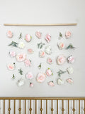 Custom faux flower wall hanging with artificial peonies and roses for nursery or wedding decor