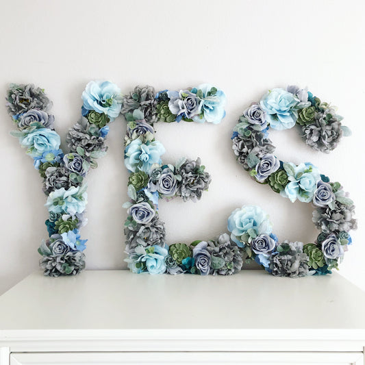 Custom floral letter sign with faux flowers for first birthday and wedding decor