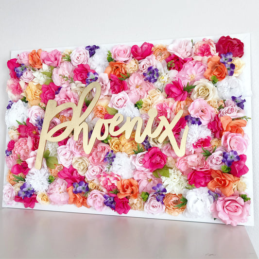 3D flower wall with name sign wedding backdrop rainbow florals