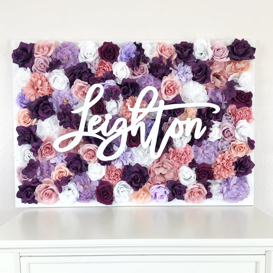 Elegant wedding flower wall with name sign personalized floral art