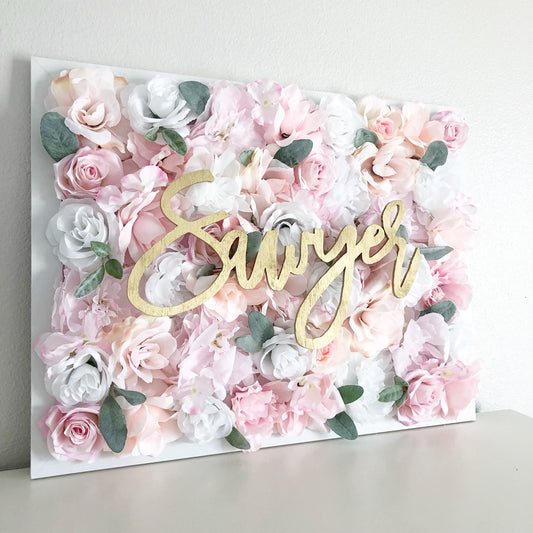 Custom baby flower wall with name sign silk floral nursery decor name reveal