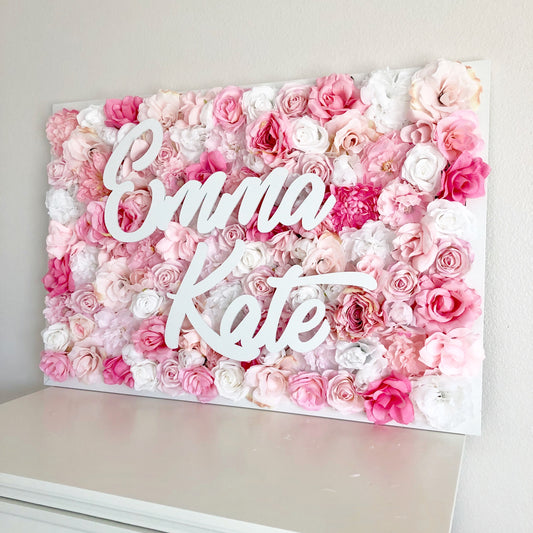 Wedding flower wall with name sign personalized backdrop pink florals