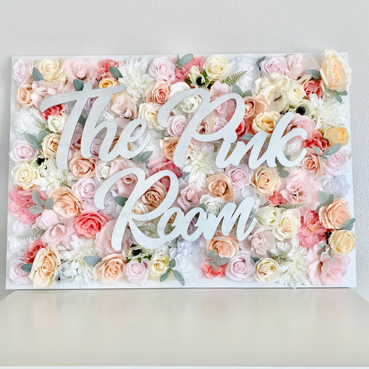 Beautiful framed faux floral wall hanging with wooden name sign is perfect for nursery decor, kids room decor, wedding decor, baby shower decor, or office decor!
