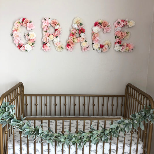 wood flower letter sign baby name over the crib for nursery name reveal