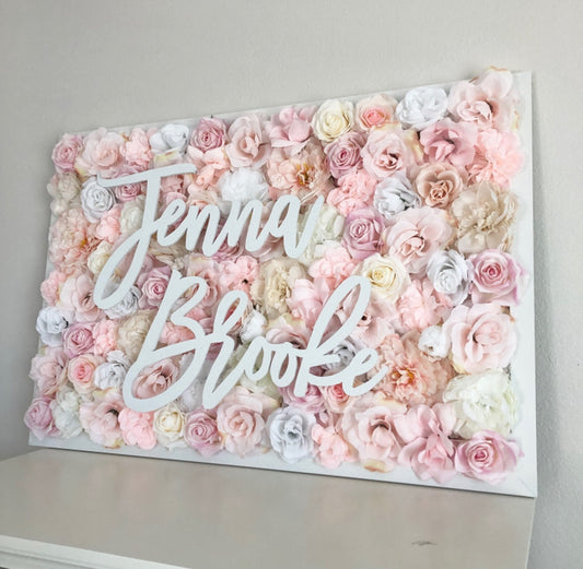 Bridal shower personalized flower wall with name sign backdrop