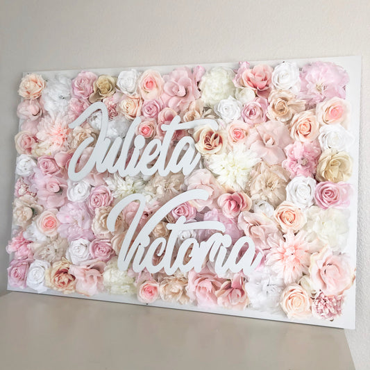 Blush flower wall with name sign girl nursery decor custom backdrop