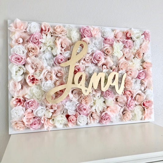 Large flower wall with name sign custom wedding decor backdrop