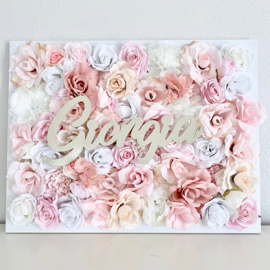 Blush pink party flower wall name sign personalized event backdrop