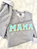 Chenille MAMA patch crewneck sweatshirt in white with light pink letters - front view