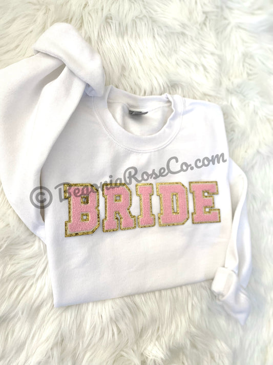 Chenille BRIDE Patch Crewneck Sweatshirt front view bachelorette gift