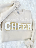 Chenille CHEER patch crewneck sweatshirt in grey with light pink patch - cheer gift