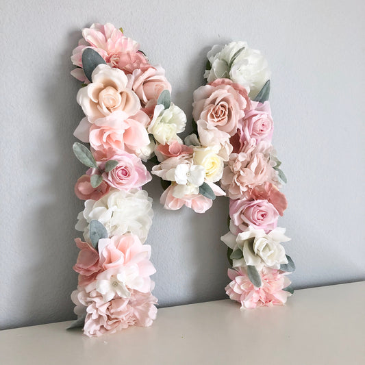 Nursery floral initial personalized wall art in faux flowers for baby room decor