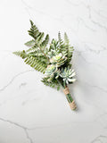 Boho faux succulent bouquet with mixed greenery and ferns for rustic weddings