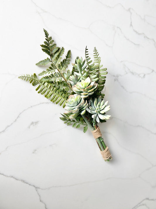 Boho faux succulent bouquet with mixed greenery and ferns for rustic weddings