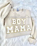 BOY MAMA chenille patch crewneck sweatshirt white with light pink letter patches