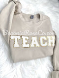 Chenille TEACH patch crewneck sweatshirt in white with light pink patch - teacher gift