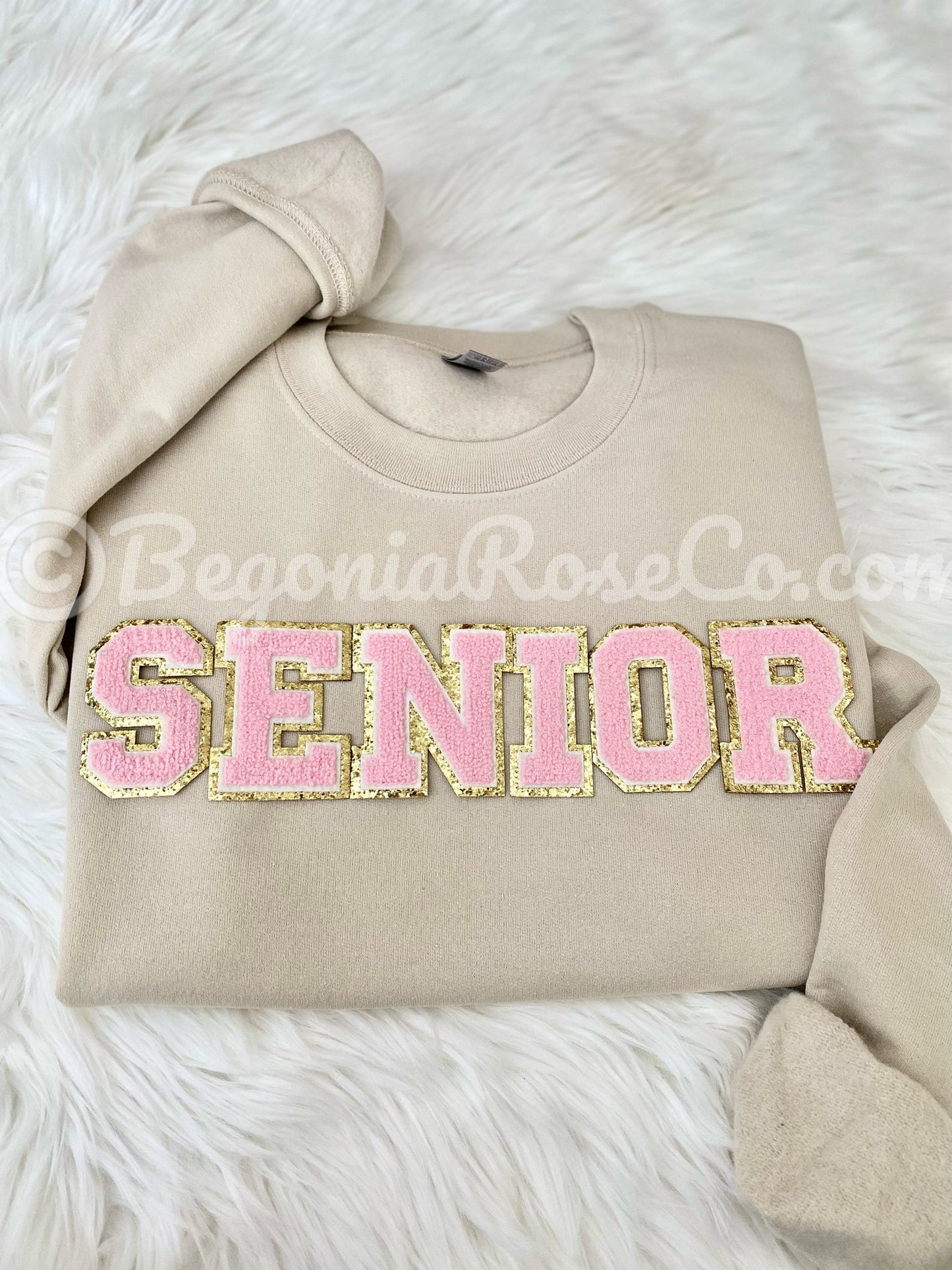 SENIOR chenille patch crewneck sweatshirt Gildan unisex fit sizing guide
