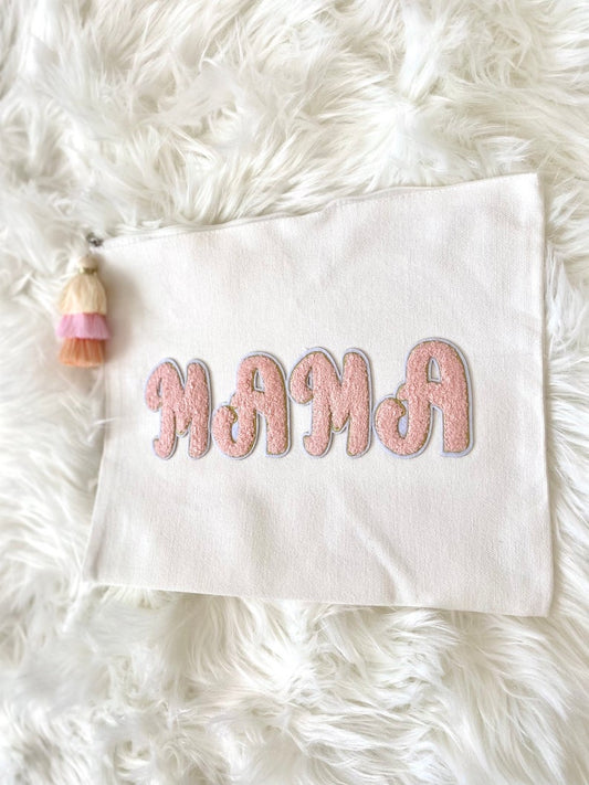 9x11 MAMA Chenille Canvas Zipper Pouch Cosmetic Bag New Mom Gift Baby Shower
