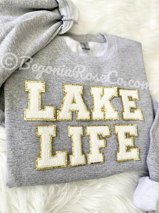 LAKE LIFE chenille letter patch sweatshirt in white - lake house gift