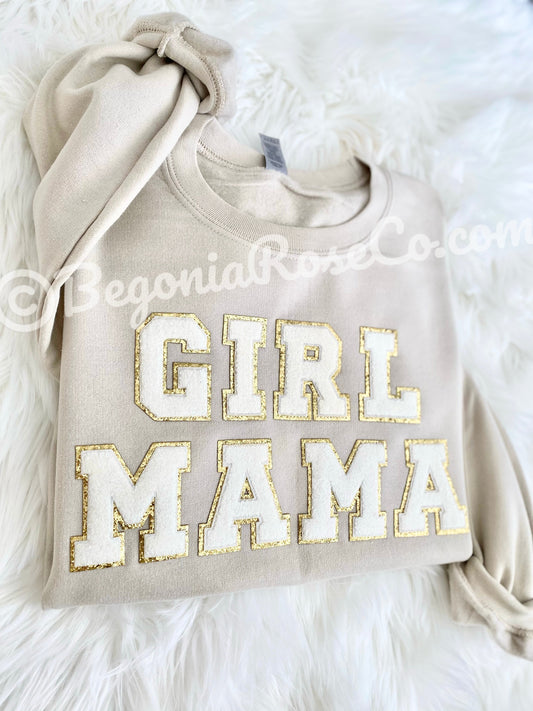 GIRL MAMA BOY MAMA chenille patch crewneck sweatshirt white with pink patches