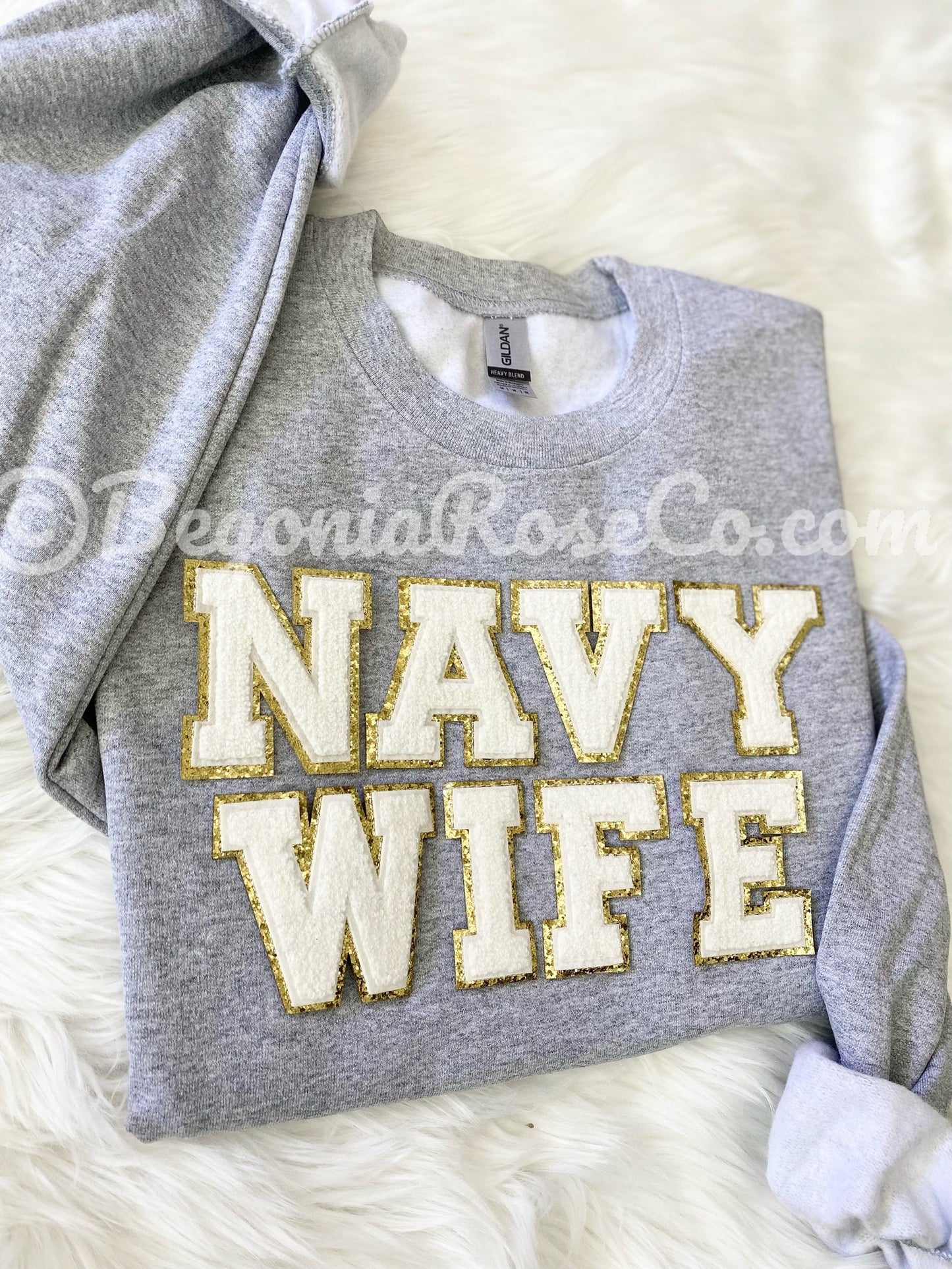 NAVY WIFE patch sweatshirt color options white grey sand black