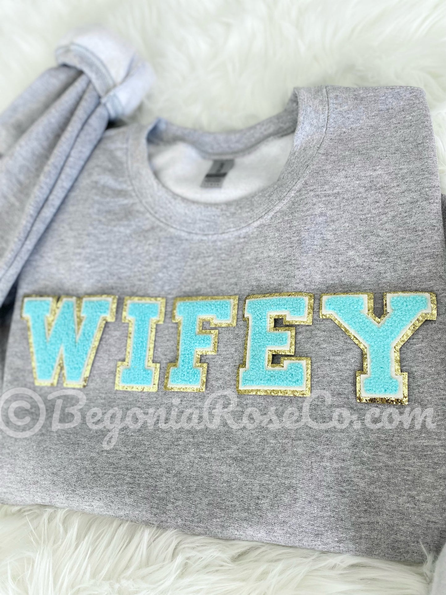 WIFE WIFEY patch crewneck sweatshirt in sand with cream white patch - bride gift