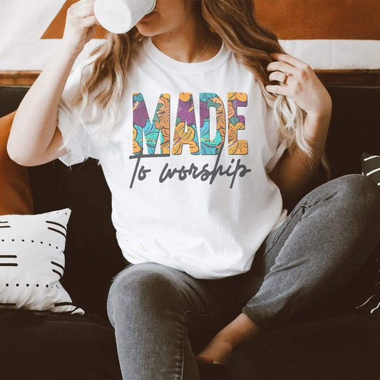 Made to Worship Floral Graphic T-Shirt sublimation print vintage faith tee front