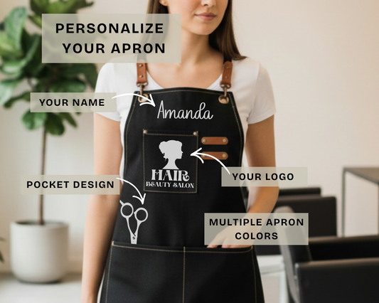 Custom hairstylist apron cross-back design front view with 3 reinforced pockets