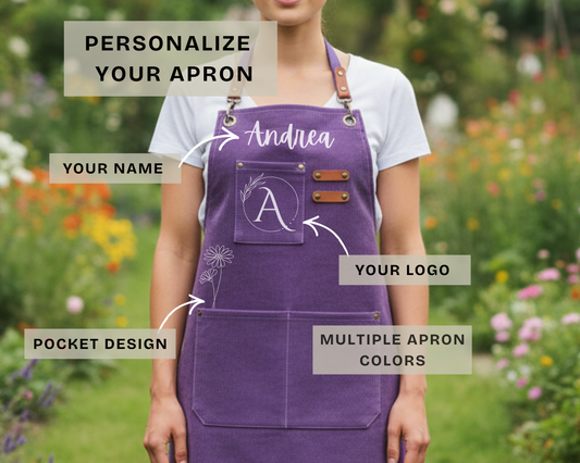 Personalized canvas gardening apron with daisy name embroidery for gift