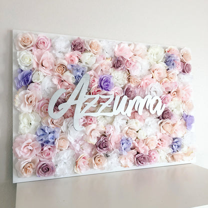 Faux Flower Wall with Name Sign Painted Wood Signs Floral Art Backdrop