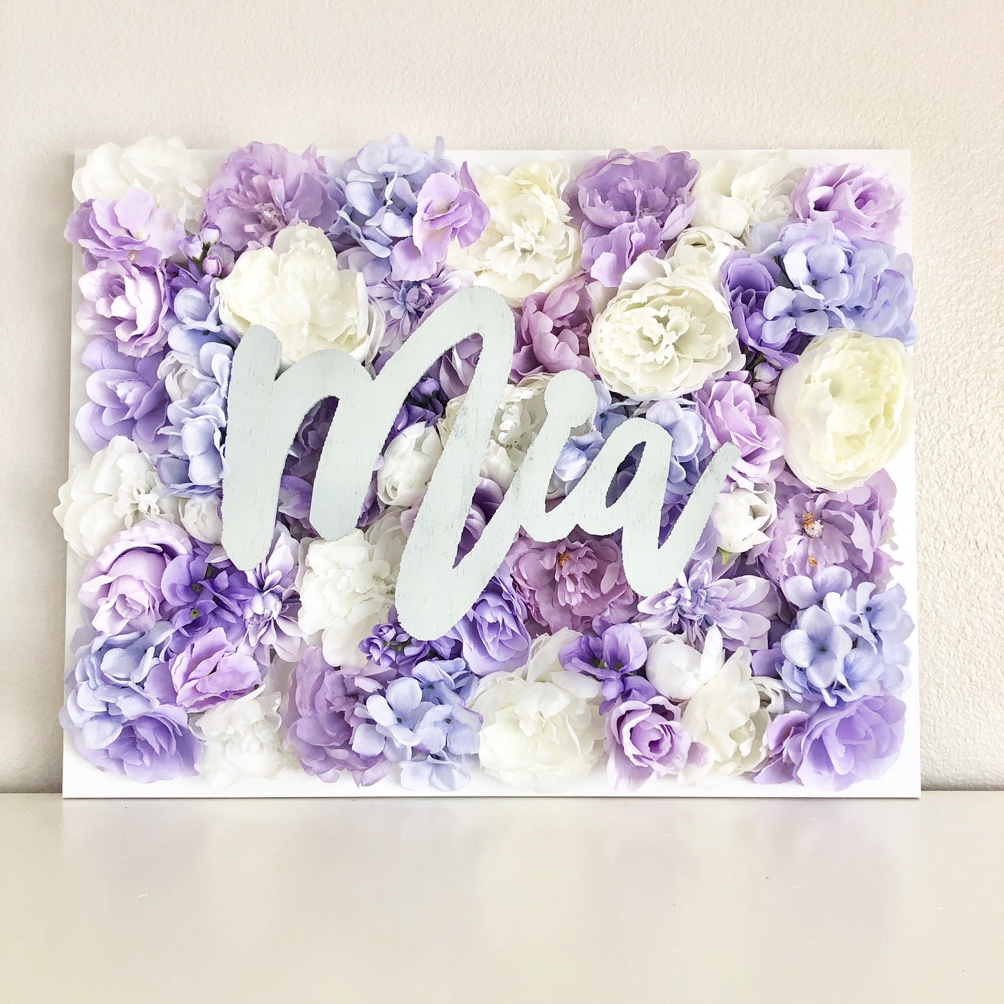 Bridal Floral Wall with Name Sign Faux Flower Personalized Wood Backdrop