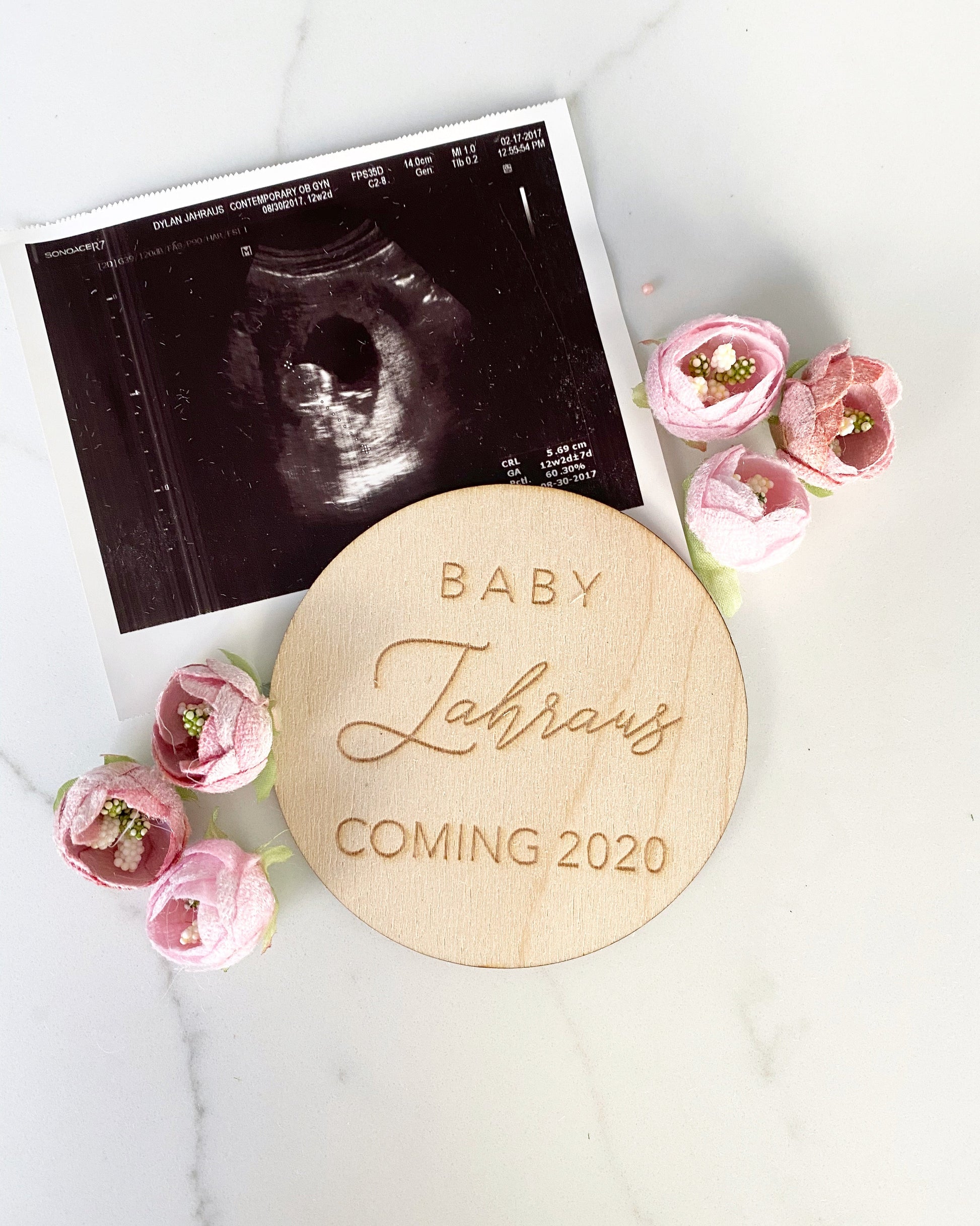 Engraved wood baby coming soon announcement sign for photos