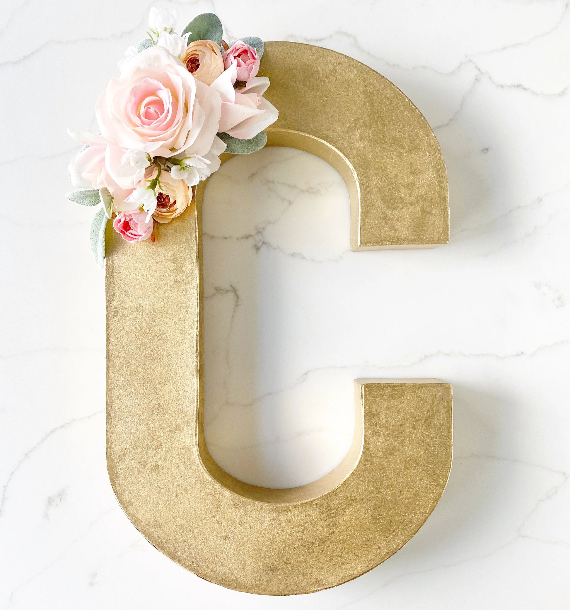 Freestanding floral letter gold base with premium faux flowers wedding decor