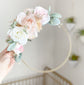 Floral hoop wall hanging with personalized custom lettering