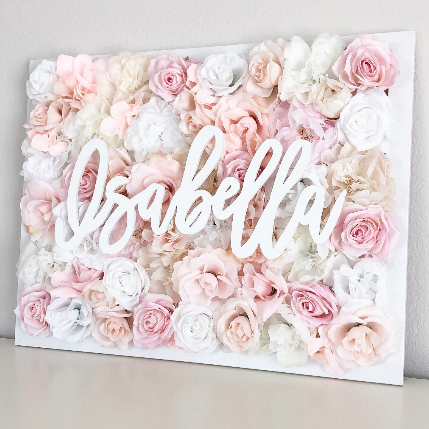 Blush baby shower flower wall name sign backdrop
