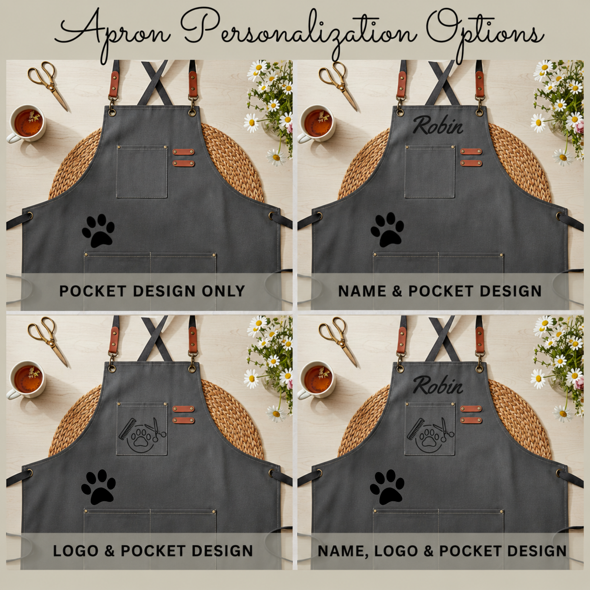 Dog groomer apron with paw pocket design for mobile pet grooming