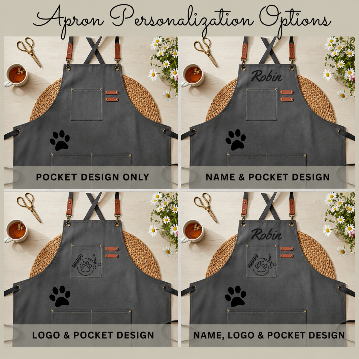 Dog groomer apron with paw pocket design for mobile pet grooming