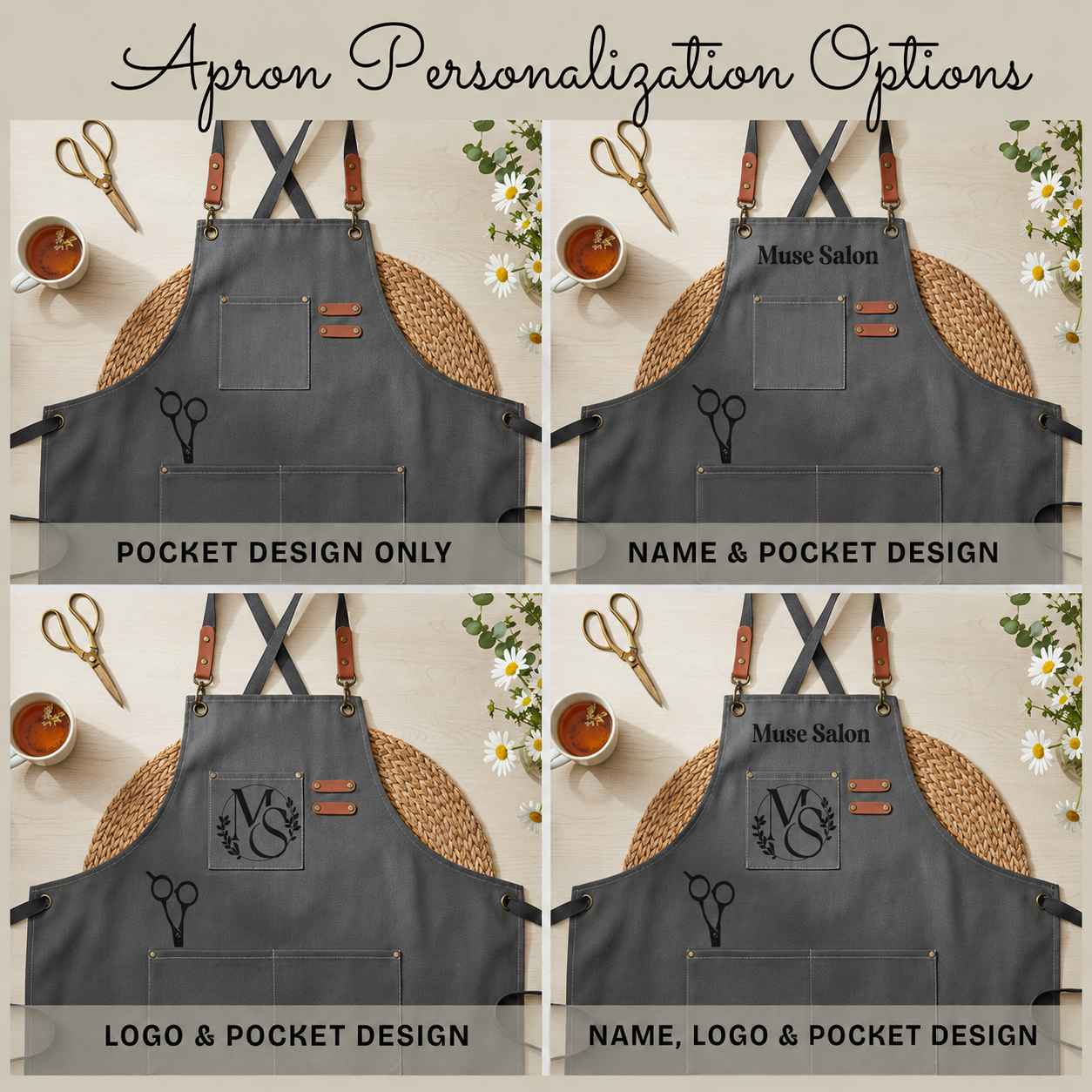 Hairstylist salon apron cross-back strap detail, no-neck-strain design